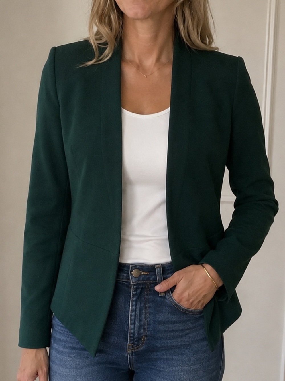 Tailored Open-Front Blazer in Deep Forest Green - Women